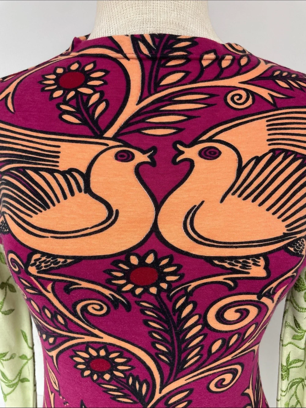 Custo Barcelona Magenta Pink and Peach Floral Bird Long Sleeve Top, Size S